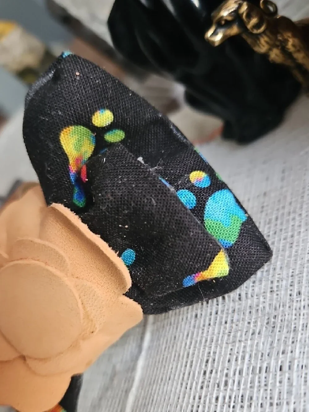 Hand Crafted Black Neon Paw Print Bow Tie with Tan Leather Flower Avcent NEW